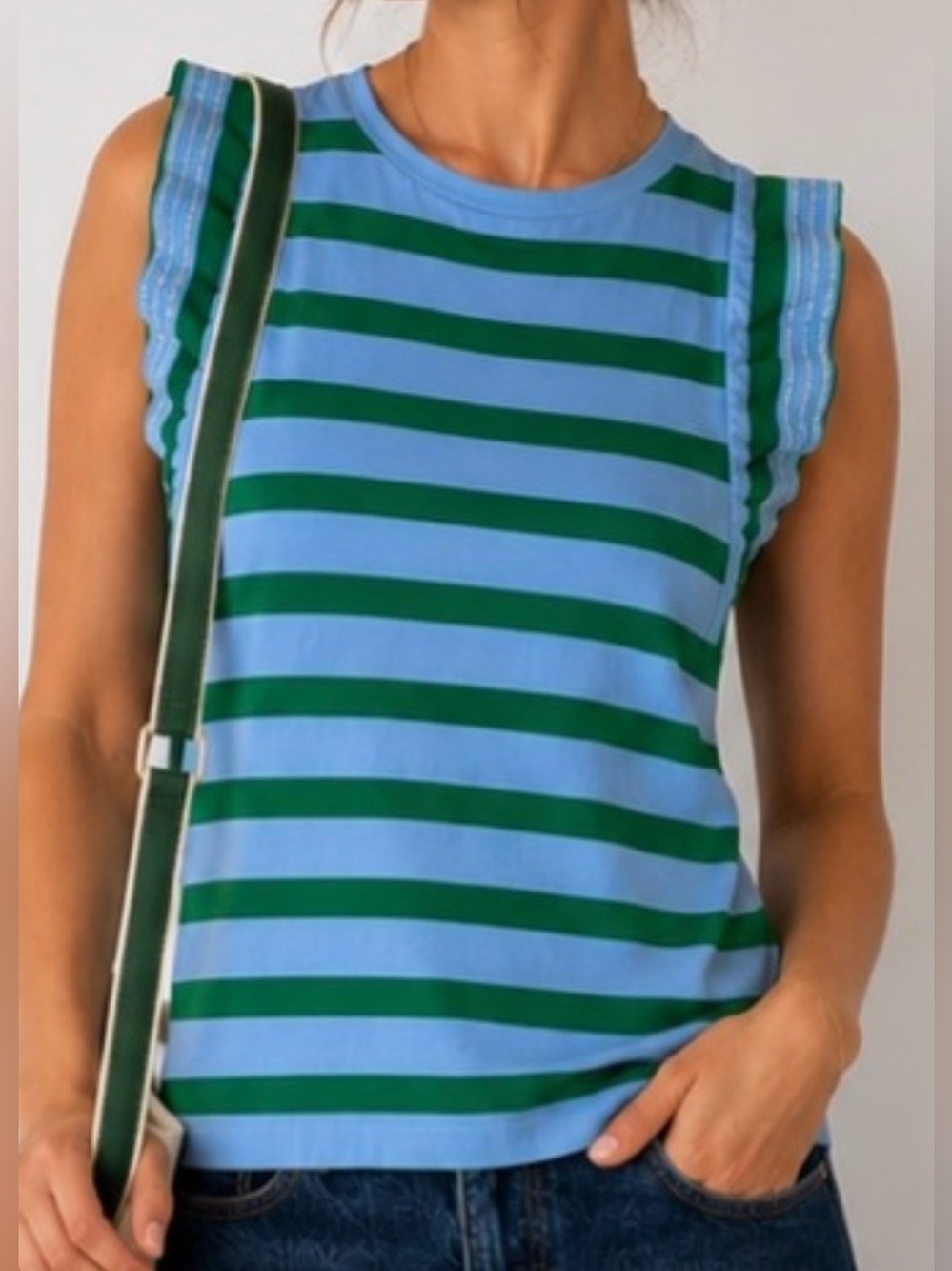 Women's S Sleeveless Top Blue & Green Striped Embroidered Tennis Preppy Golf
